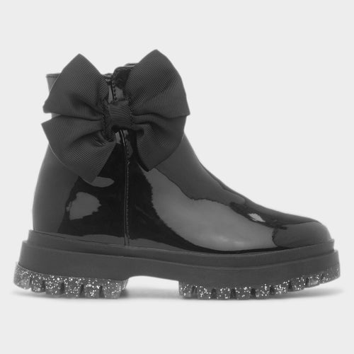 Walkright Emelia Girls Black Patent Bow Ankle Boot, made for ShoeZone.