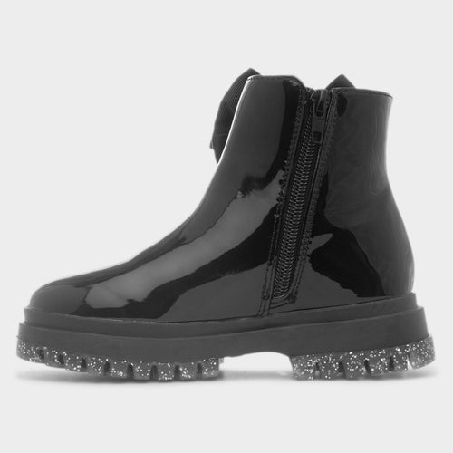 Walkright Emelia Girls Black Patent Bow Ankle Boot, made for ShoeZone.