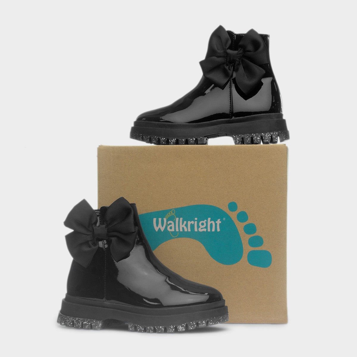 Walkright Emelia Girls Black Patent Bow Ankle Boot, made for ShoeZone.